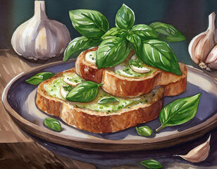 toasts with basil and garlic on a plate horizontal