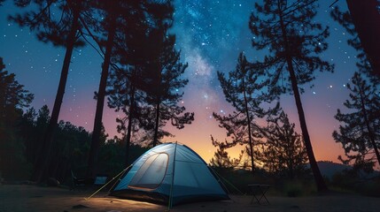 A tent in a tranquil forest clearing under twilight stars offers peaceful escape and a connection to nature.