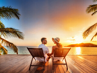 A young couple sitting on wooden chairs on a deck overlooking a tropical beach at sunset, with palm trees in the background and a colorful sky