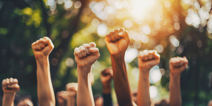 Raised fists in park symbolizing unity and strength