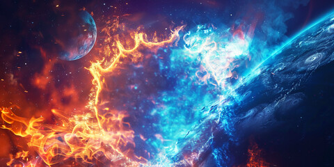 Naklejka premium Abstract futuristic 3D texture, design with bright coloful wavy energy cloud, fire or smoke,. White, orange, blue and purple colored wide scale background with two planets