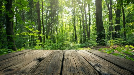 Fototapeta premium The backdrop for taking photos is a wooden floor. The background is a natural forest.