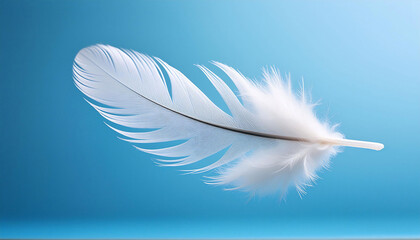 Obraz premium Single white feather floating diagonally on a clear blue background, delicate barbs and soft lighting highlighting its texture, nature, minimalism