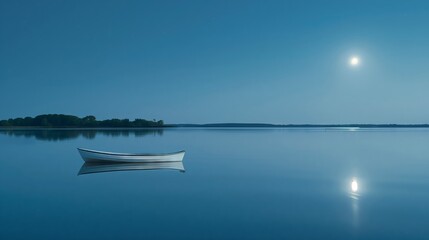 A boat drifts on a serene lake under moonlight, evoking reflection and tranquility, embracing the night's stillness.