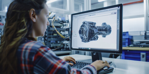 Female engineer working on 3D CAD design on computer