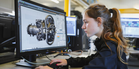Female engineer creating 3D mechanical model on computer