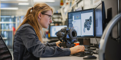 Female engineer using 3D modeling software for mechanical design