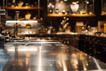 An elegant, polished metal workbench in the foreground with a blurred background of a luxury jewelry workshop. 