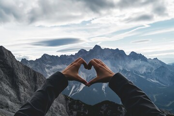 Hands form a heart against a backdrop of rugged mountain peaks under a cloudy sky