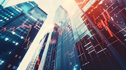A stock market graph and skyscrapers in double exposure, representing business growth or financial success.
