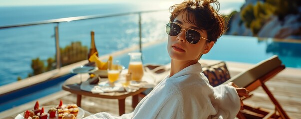 Woman Relaxing by Pool With Ocean View