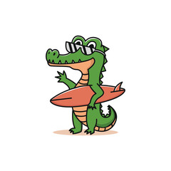 cartoon crocodile mascot with surfboard and glasses