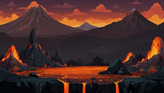 Volcano level background asset, lava flows and rocks, perfect for platformer games. 2d style