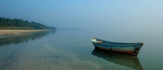 Obraz premium Serene Morning with Fishing Boat Anchored Near Shoreline under Clear Sky