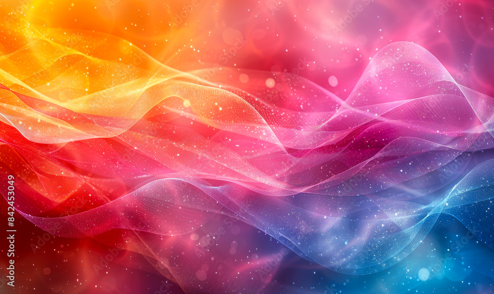 Poster vibrant abstract gradient waves with sparkling particles in a dynamic colorful background