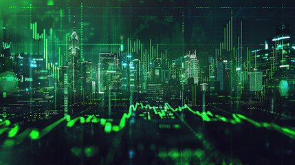 modern financial stock market background in the style of green trading chart and cityscape