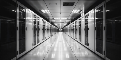 Sleek data center with white server racks and bright lighting