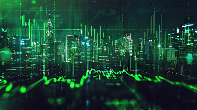 modern financial stock market background in the style of green trading chart and cityscape