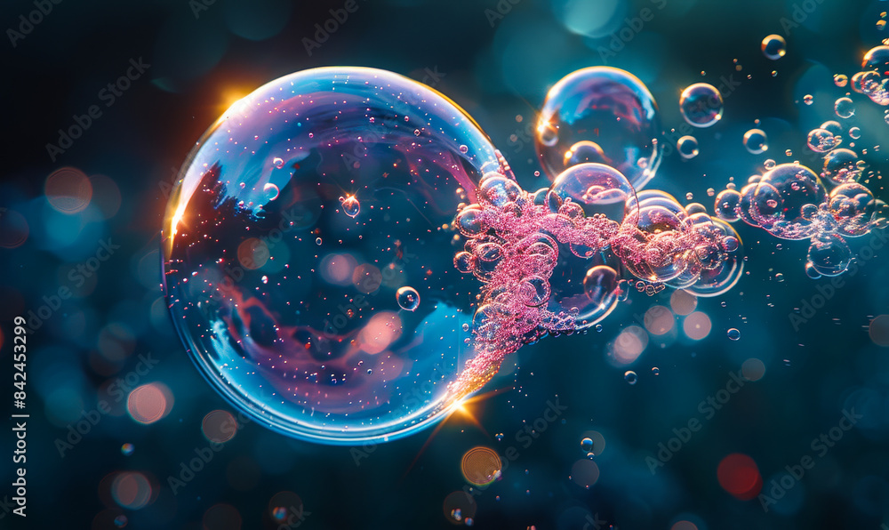 Poster translucent soap bubble floating against dark background with colorful reflections and bokeh lightin