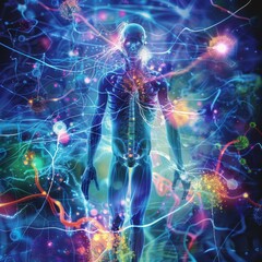 Human body under attack by viruses illustration,A glowing silhouette of a human body with a skeleton surrounded by glowing dots