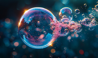 Naklejka premium Translucent Soap Bubble Floating Against Dark Background with Colorful Reflections and Bokeh Lighting, Capturing Ethereal and Magical Atmosphere for Light and Texture Studies