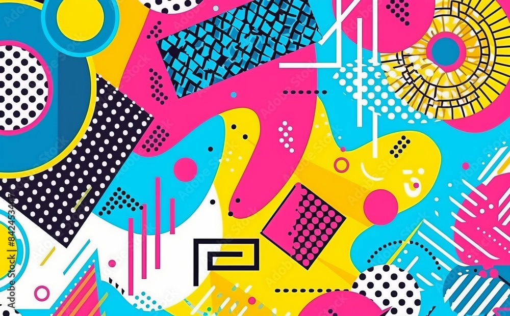 Poster a color background adorned with geometric shapes in the memphis abstract pattern.