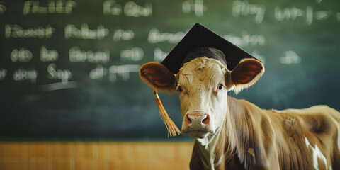 Brown cow wearing graduation cap in classroom