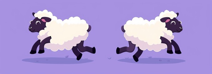 Thee sheep lamb icon set. Cloud shape. Jumping animal. Cute cartoon kawaii funny smiling baby character. Kids print. Flat design. Violet background. Isolated.