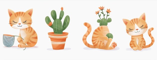 Set of raster illustrations on a white background featuring a ginger cat.