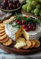 Brie Cheese A wheel of creamy Brie cheese with a wedge cut out, showing the soft interior. Served with crackers and fresh fruit. 