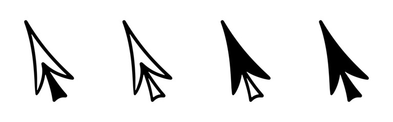 Doodle arrow click icon. Hand drawn mouse cursor. Vector illustration of button pointer in sketch style isolated on white background