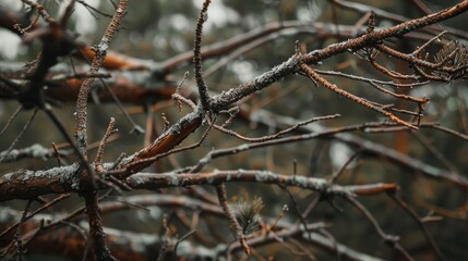 Brown withered branches with needles on a tree