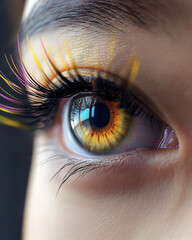 Asian woman's eye with a yellow iris, long and detailed colored eyelashes, 