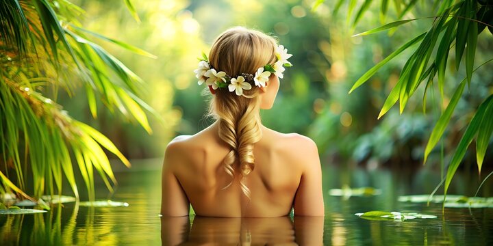 	
Junge Frau beim Wellness in der Natur - Wundersch&ouml;nes Sonnenlicht und Naturlandschaft	