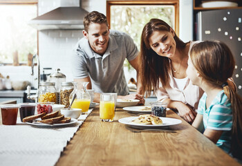 Family, breakfast and kid with smile in morning for healthy diet, growth and child development....