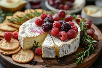 Brie Cheese A wheel of creamy Brie cheese with a wedge cut out, showing the soft interior. Served with crackers and fresh fruit. 