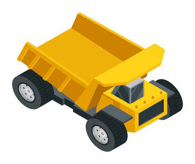 Construction machinery isometric icon, dump truck. Heavy transportation. Symbol representing heavy mining or road industry. Career and construction transport. Vector illustration