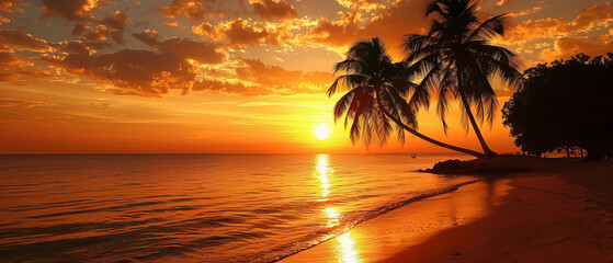 Tranquil Sunset Scene at a Summer Beach with Silhouetted Palm Trees
