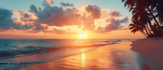 Serene Sunset: Palm Trees Silhouetted on Summer Beach
