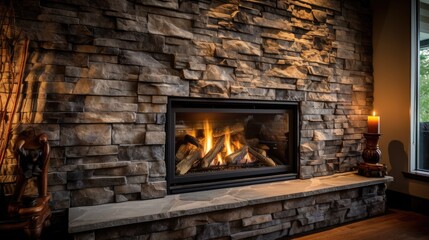 Fototapeta premium Cozy stone fireplace with burning fire