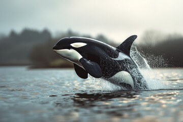 Fototapeta premium Jumping orca whale over water, Pacific ocean.