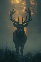 Majestic red deer stag with impressive antlers standing in a foggy forest landscape