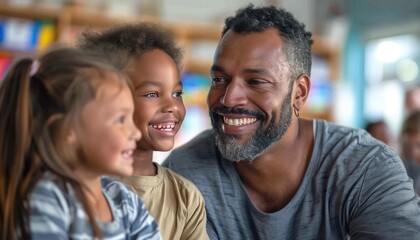 a man is sitting at a table with two children and smiling