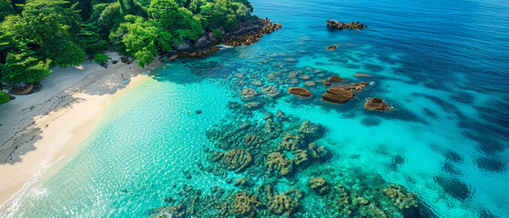 Serene Aerial View of Pristine Beach with Crystal Clear Water and Vibrant Coral Reefs