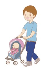 ベビーカーで散歩する赤ちゃんとお父さん