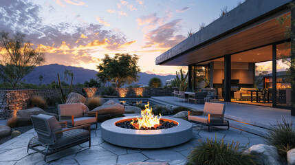 Relaxation and communication thrive on a terrace with modern grey furniture surrounding a backyard fire pit at sunset