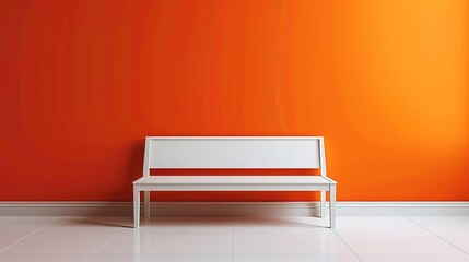 Bench against a vibrant orange wall in a minimalist setting