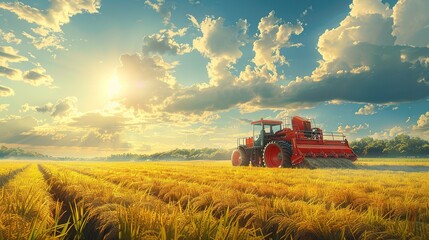 Obraz premium Macro Shot of Rice Harvester Machine Parked in Vast Rice Fields, Agricultural Technology and Farming Efficiency