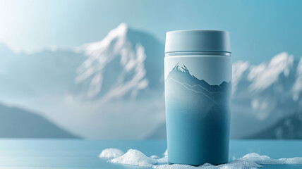 Travel mug with a mountain design in a snowy landscape.