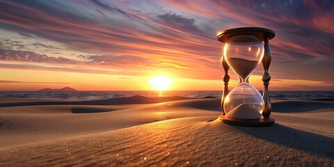 Hourglass on sand with beach and sea sunset background, hourglass, sand, beach, sea, sunset, time, concept, passing, measurement, hour,glass, sand, shore, waves, relaxation, countdown